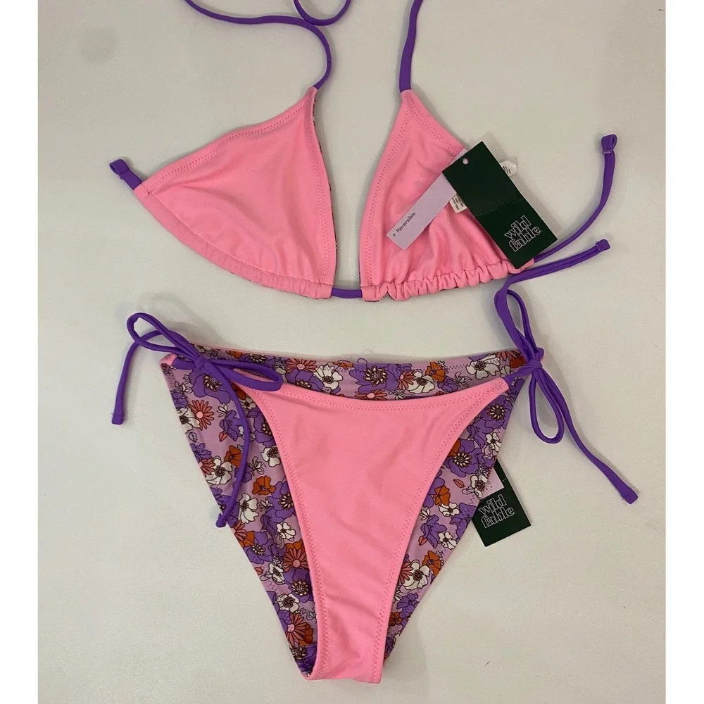 Wild Fable Reversible Floral Bikini Set XS Purple Pink Triangle Top Tie Bottoms